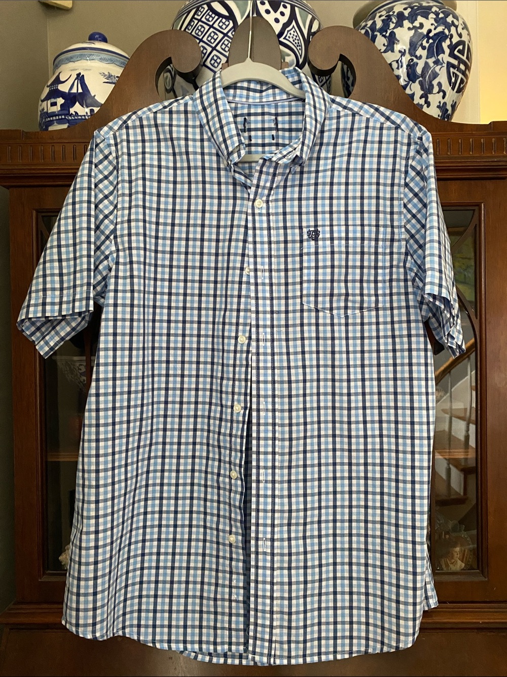 Chaps Men’s Short-Sleeve Plaid Button-Down Shirt - Blue & White